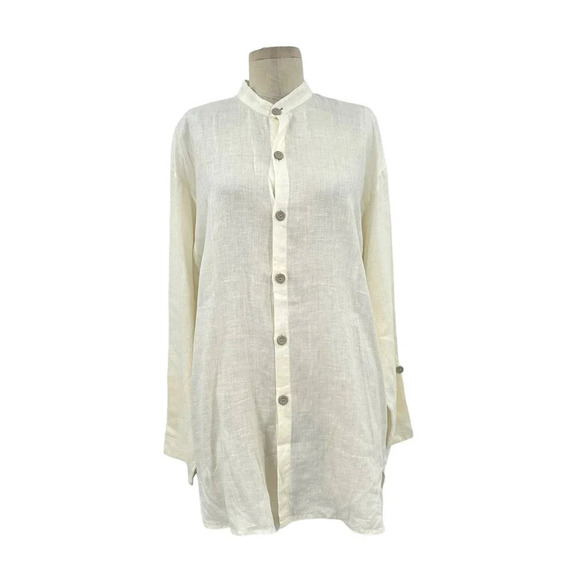 FLAX Linen Lagenlook Button Down Front Tunic‎ Top White Cream Size Small - Picture 1 of 7
